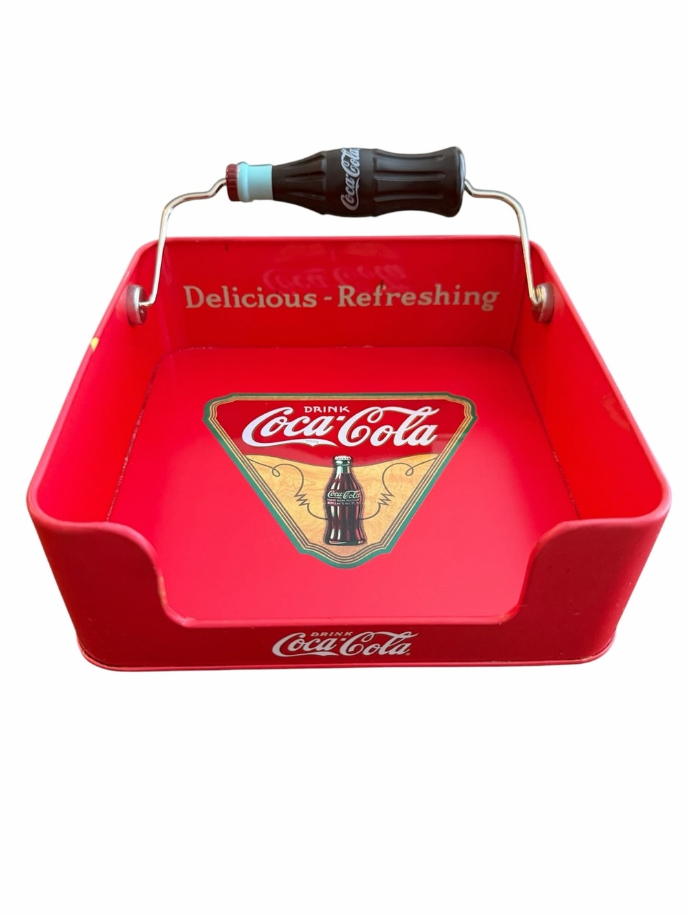 Coca Cola Red Metal Napkin Holder Dispenser Bottle Shaped Handle Retro Style Tin